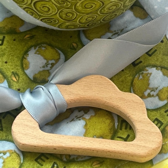 Jingle Ball plushy w/ coordinating sensory blanket handmade wooden teether gift - Picture 3 of 5